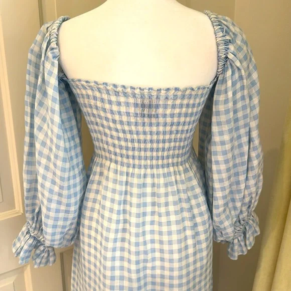 Sleeper- Atlanta Off-The-Shoulder Shirred Linen Midi Dress- Blue & White -Size:S - Picture 7 of 11